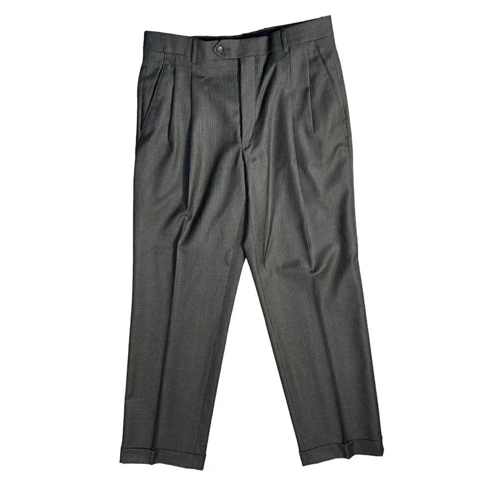 Joseph A. Banks Men's Wool Dress Pants Pleated Brown Taupe Check Size 33 Regular